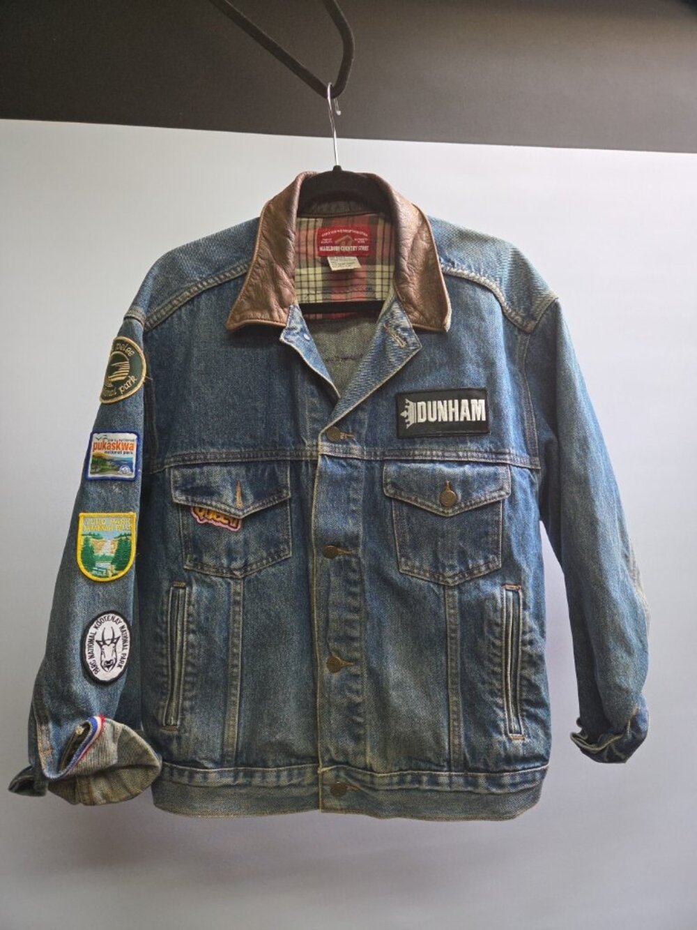 Vintage Marlboro Country Store Denim Jacket Men’s Med Leather Collar 90s Custom